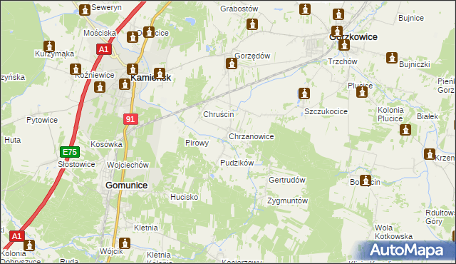 mapa Chrzanowice gmina Gomunice, Chrzanowice gmina Gomunice na mapie Targeo