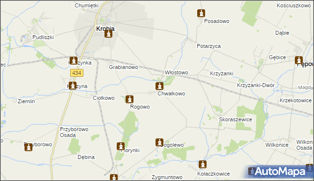 mapa Chwałkowo gmina Krobia, Chwałkowo gmina Krobia na mapie Targeo