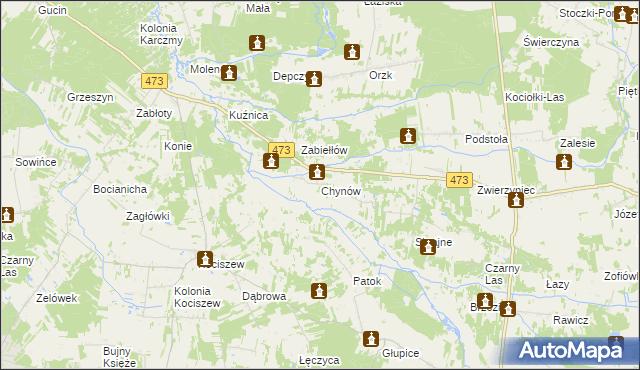 mapa Chynów gmina Drużbice, Chynów gmina Drużbice na mapie Targeo