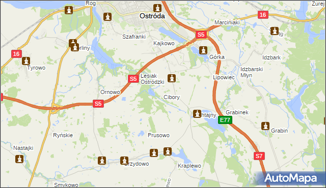 mapa Cibory gmina Ostróda, Cibory gmina Ostróda na mapie Targeo