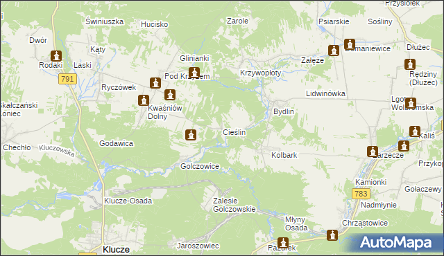 mapa Cieślin gmina Klucze, Cieślin gmina Klucze na mapie Targeo