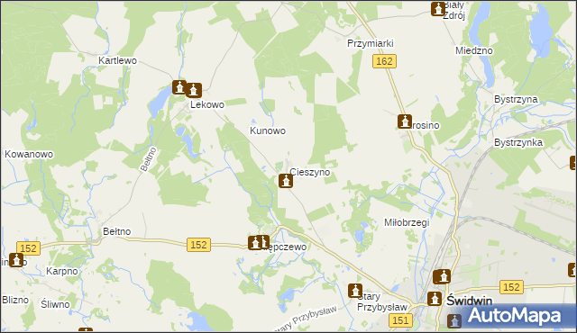 mapa Cieszyno gmina Świdwin, Cieszyno gmina Świdwin na mapie Targeo