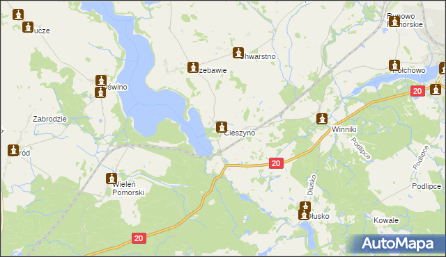 mapa Cieszyno gmina Węgorzyno, Cieszyno gmina Węgorzyno na mapie Targeo