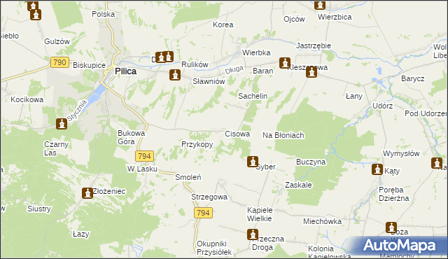 mapa Cisowa gmina Pilica, Cisowa gmina Pilica na mapie Targeo