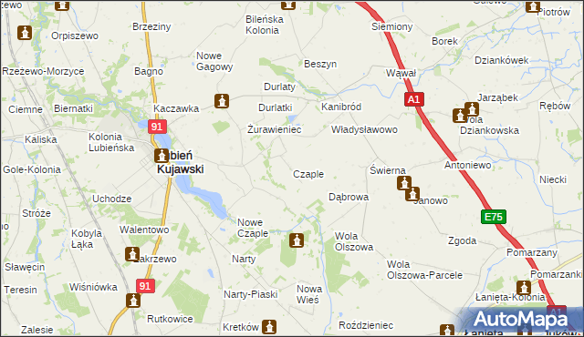 mapa Czaple gmina Lubień Kujawski, Czaple gmina Lubień Kujawski na mapie Targeo