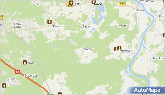 mapa Czarna gmina Zabór, Czarna gmina Zabór na mapie Targeo