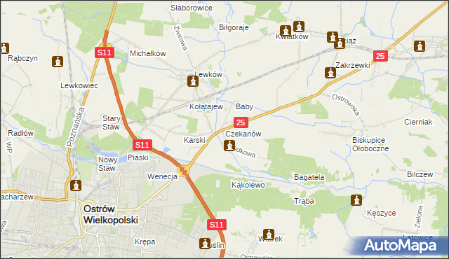 mapa Czekanów gmina Ostrów Wielkopolski, Czekanów gmina Ostrów Wielkopolski na mapie Targeo