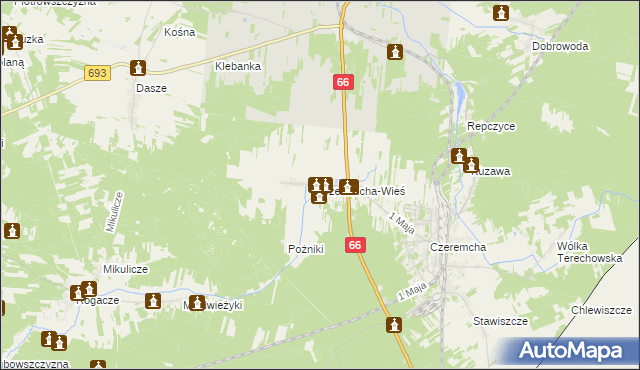 mapa Czeremcha-Wieś, Czeremcha-Wieś na mapie Targeo