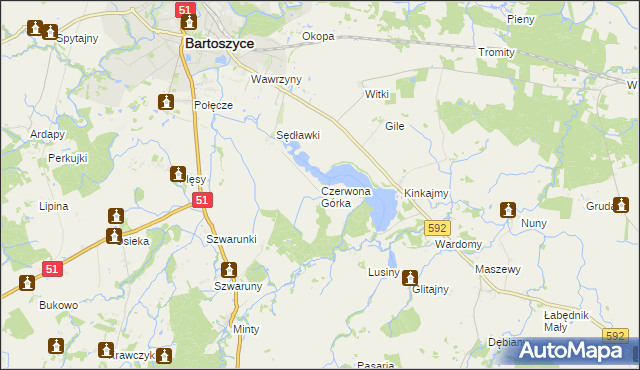 mapa Czerwona Górka gmina Bartoszyce, Czerwona Górka gmina Bartoszyce na mapie Targeo