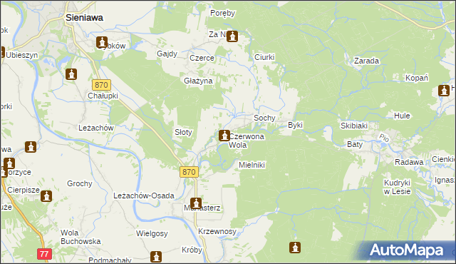 mapa Czerwona Wola gmina Sieniawa, Czerwona Wola gmina Sieniawa na mapie Targeo