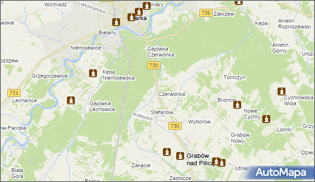 mapa Czerwonka gmina Grabów nad Pilicą, Czerwonka gmina Grabów nad Pilicą na mapie Targeo