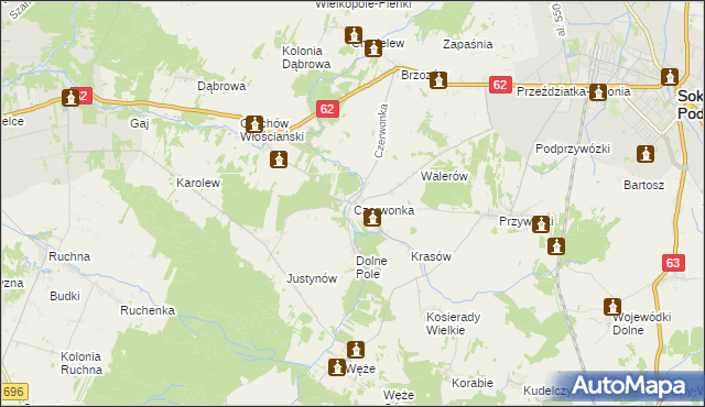 mapa Czerwonka gmina Sokołów Podlaski, Czerwonka gmina Sokołów Podlaski na mapie Targeo