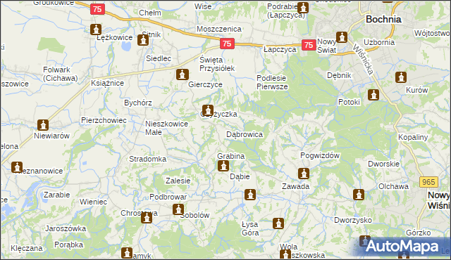 mapa Dąbrowica gmina Bochnia, Dąbrowica gmina Bochnia na mapie Targeo