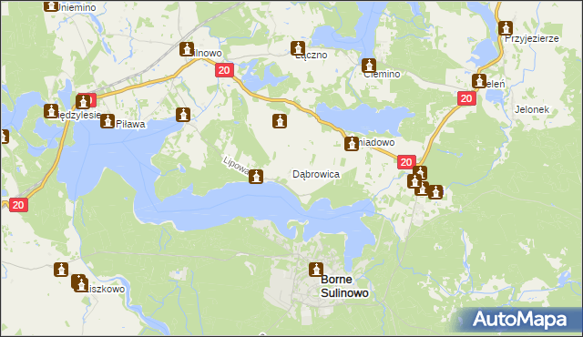 mapa Dąbrowica gmina Borne Sulinowo, Dąbrowica gmina Borne Sulinowo na mapie Targeo