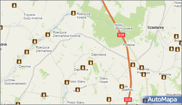 mapa Dąbrowica gmina Potok Wielki, Dąbrowica gmina Potok Wielki na mapie Targeo