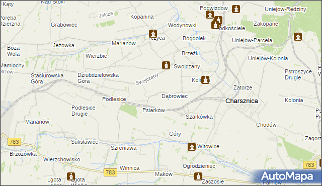 mapa Dąbrowiec gmina Charsznica, Dąbrowiec gmina Charsznica na mapie Targeo