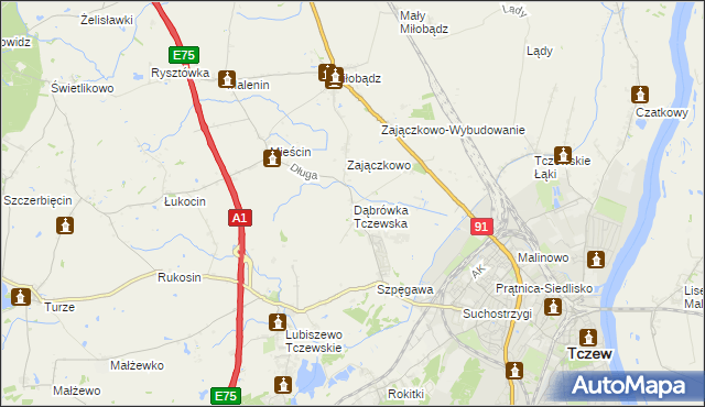 mapa Dąbrówka Tczewska, Dąbrówka Tczewska na mapie Targeo