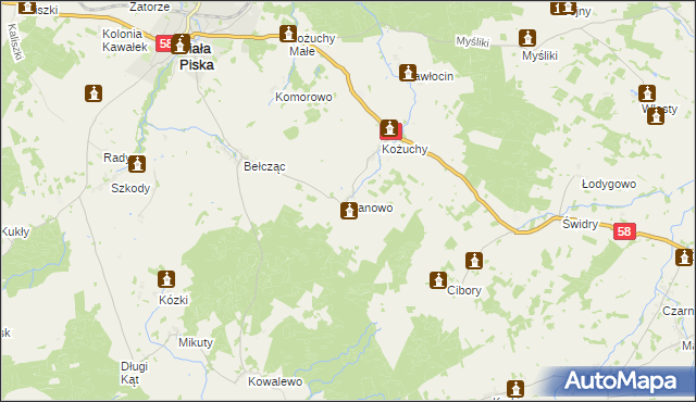 mapa Danowo gmina Biała Piska, Danowo gmina Biała Piska na mapie Targeo