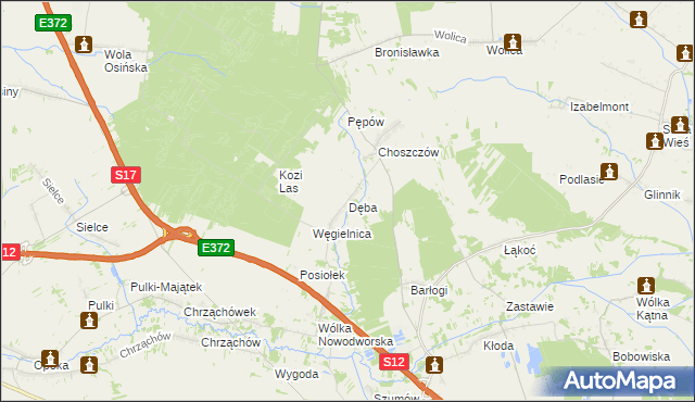 mapa Dęba gmina Kurów, Dęba gmina Kurów na mapie Targeo