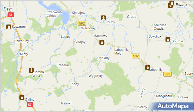 mapa Dębiany gmina Bartoszyce, Dębiany gmina Bartoszyce na mapie Targeo