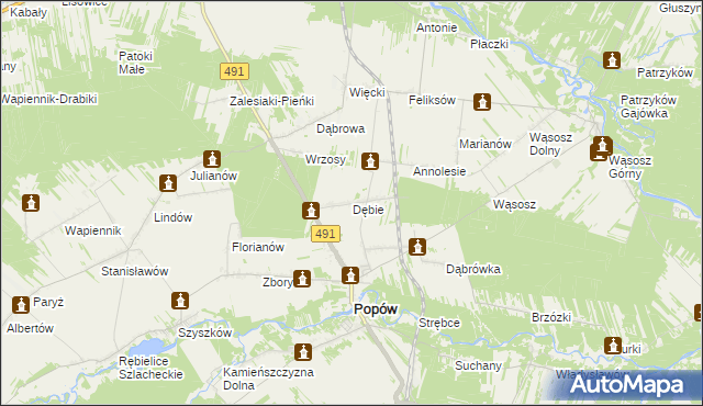 mapa Dębie gmina Popów, Dębie gmina Popów na mapie Targeo