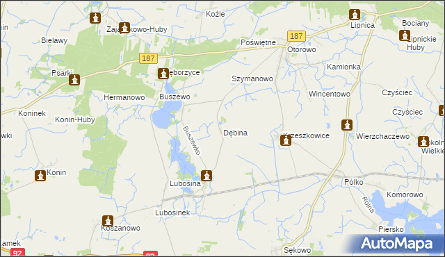 mapa Dębina gmina Pniewy, Dębina gmina Pniewy na mapie Targeo