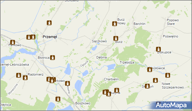 mapa Dębina gmina Przemęt, Dębina gmina Przemęt na mapie Targeo