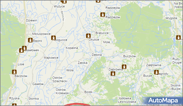 mapa Dębina gmina Rzezawa, Dębina gmina Rzezawa na mapie Targeo