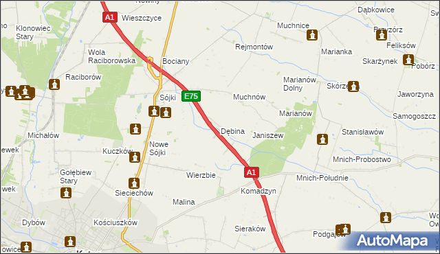 mapa Dębina gmina Strzelce, Dębina gmina Strzelce na mapie Targeo