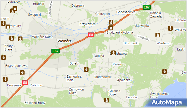 mapa Dębina gmina Wolbórz, Dębina gmina Wolbórz na mapie Targeo