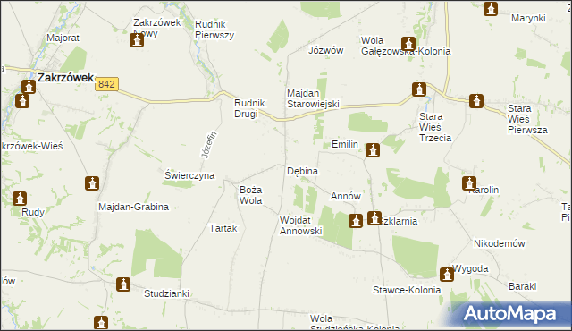 mapa Dębina gmina Zakrzew, Dębina gmina Zakrzew na mapie Targeo