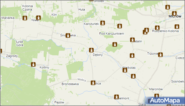 mapa Dębiny gmina Abramów, Dębiny gmina Abramów na mapie Targeo