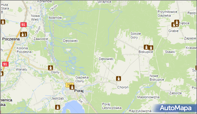 mapa Dębowiec gmina Poraj, Dębowiec gmina Poraj na mapie Targeo