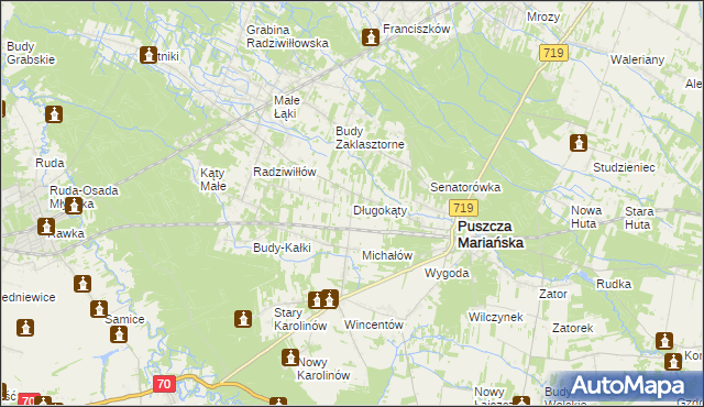 mapa Długokąty gmina Puszcza Mariańska, Długokąty gmina Puszcza Mariańska na mapie Targeo