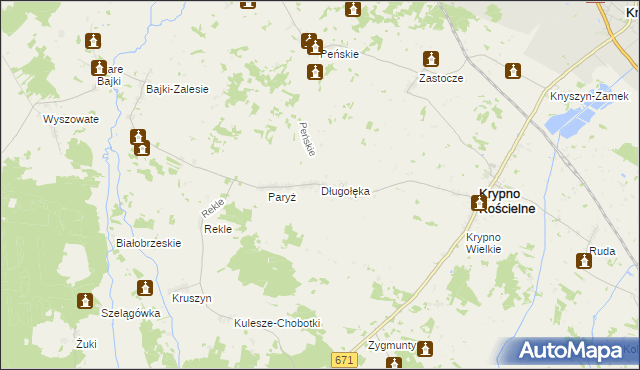 mapa Długołęka gmina Krypno, Długołęka gmina Krypno na mapie Targeo