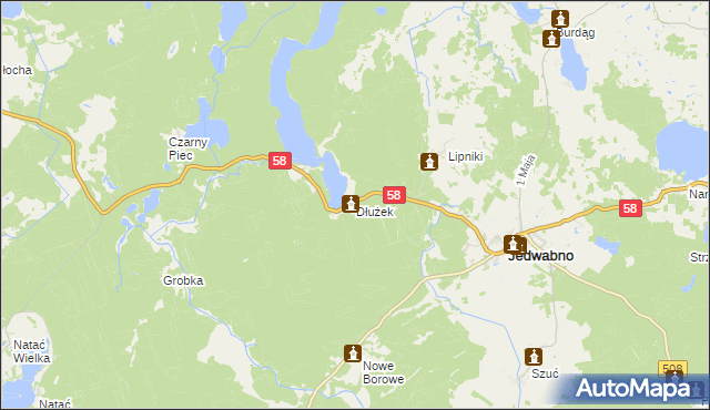 mapa Dłużek gmina Jedwabno, Dłużek gmina Jedwabno na mapie Targeo