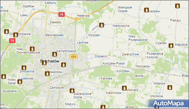 mapa Dobiecin gmina Bełchatów, Dobiecin gmina Bełchatów na mapie Targeo