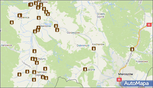 mapa Dobromyśl gmina Kamienna Góra, Dobromyśl gmina Kamienna Góra na mapie Targeo