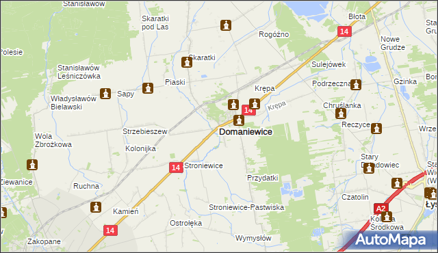 mapa Domaniewice powiat łowicki, Domaniewice powiat łowicki na mapie Targeo