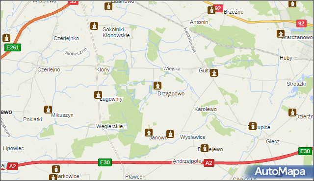 mapa Drzązgowo gmina Kostrzyn, Drzązgowo gmina Kostrzyn na mapie Targeo