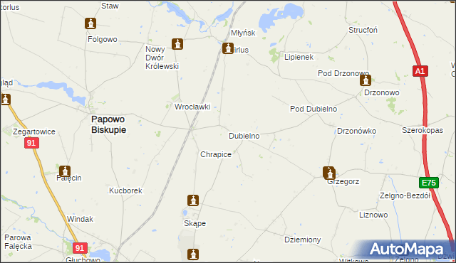 mapa Dubielno gmina Papowo Biskupie, Dubielno gmina Papowo Biskupie na mapie Targeo