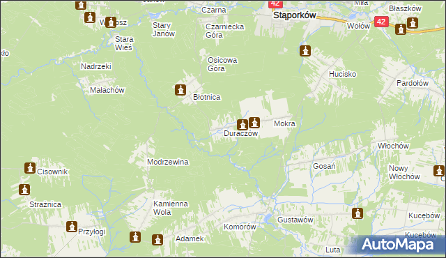 mapa Duraczów gmina Stąporków, Duraczów gmina Stąporków na mapie Targeo