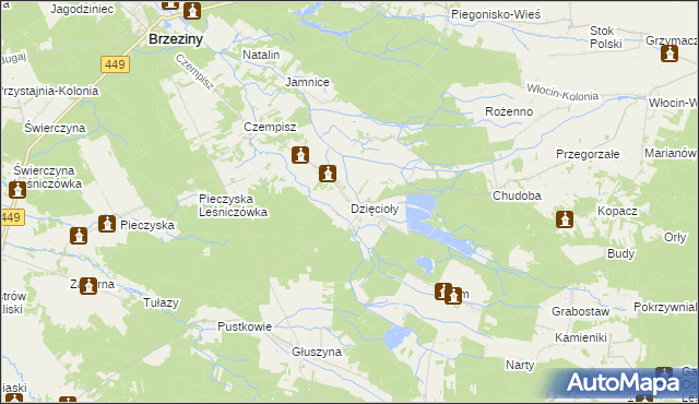 mapa Dzięcioły gmina Brzeziny, Dzięcioły gmina Brzeziny na mapie Targeo