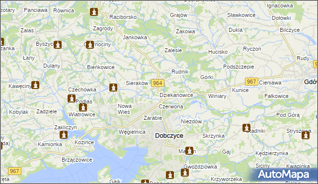 mapa Dziekanowice gmina Dobczyce, Dziekanowice gmina Dobczyce na mapie Targeo