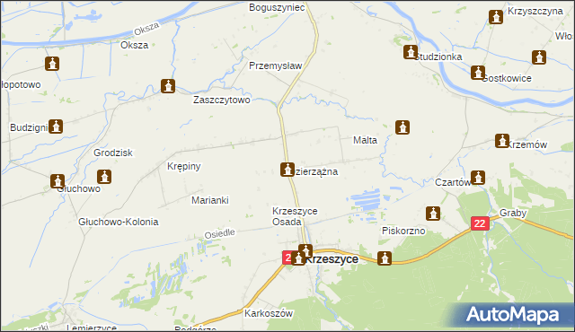 mapa Dzierzążna gmina Krzeszyce, Dzierzążna gmina Krzeszyce na mapie Targeo