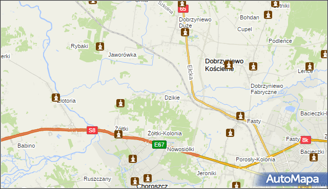 mapa Dzikie gmina Choroszcz, Dzikie gmina Choroszcz na mapie Targeo