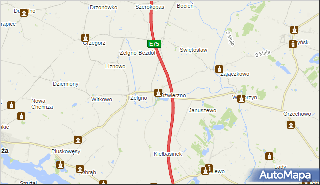 mapa Dźwierzno gmina Chełmża, Dźwierzno gmina Chełmża na mapie Targeo
