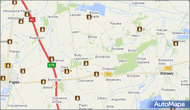 mapa Emilianów gmina Bielawy, Emilianów gmina Bielawy na mapie Targeo