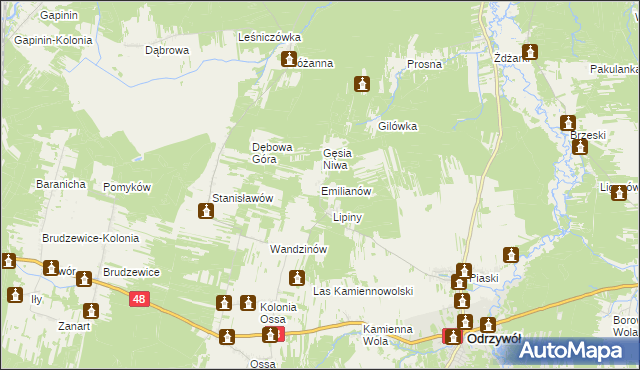 mapa Emilianów gmina Odrzywół, Emilianów gmina Odrzywół na mapie Targeo