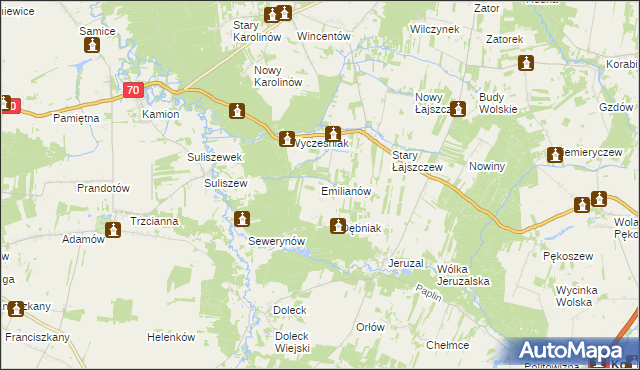 mapa Emilianów gmina Puszcza Mariańska, Emilianów gmina Puszcza Mariańska na mapie Targeo